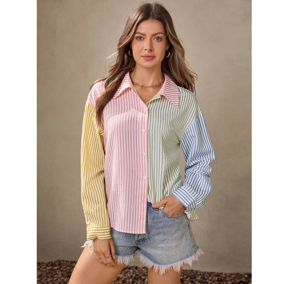 Multicolor Striped Casual Button Down Shirt (Blue, Green, Yellow, Pink - Picture 5 of 9